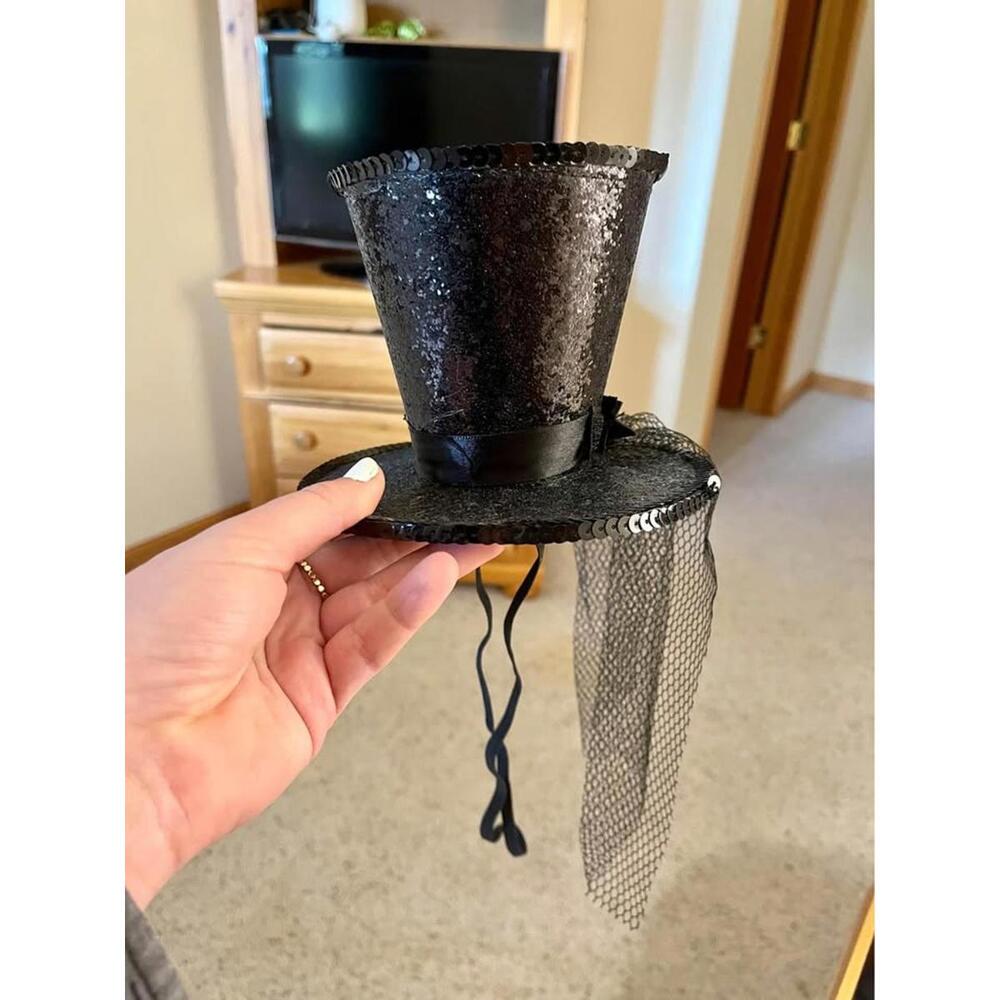 Glamorous Black Sequin Mini Top Hat with Veil